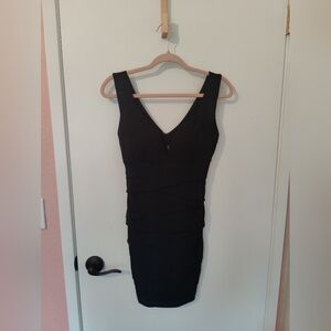 Windsor Black V-Neck Tiered Ruched Mini Dress